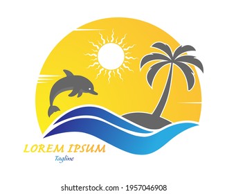 Wave with a dolphin palm tree on the island and the sun. Vector illustration for logo, emblem, sticker and creative design. Flat style.