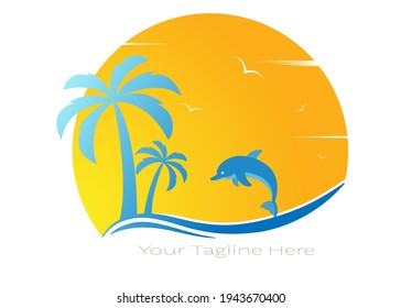 wave with a dolphin, a palm tree and the sun. Vector illustration for logo, emblem, sticker and creative design. Flat style.