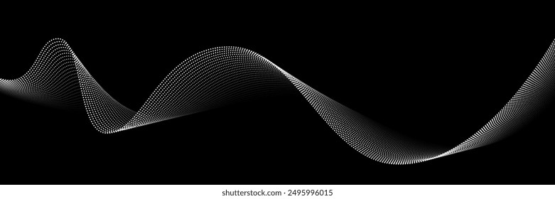 Patrón abstracto de puntos de onda. Flujo de Ilustración vectorial de líneas punteadas curvas blancas aisladas sobre fondo negro. Fondo de remolino brillante dinámico. Digital, tecnología, ia, música, elemento de diseño moderno.