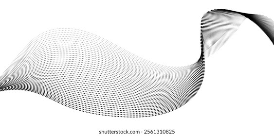 wave dots halftone lines dynamic smooth flowing gradient black white isolated on transparent background concept of technology, digital, communication, science, music vector illustration