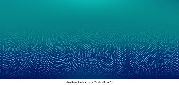 Wave dots on a green and dark blue gradient background. Abstract concept of digital technology with light effect, future data, innovation, internet network, big data.
