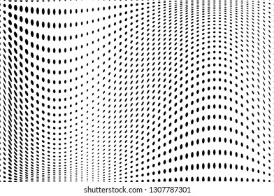Wave dotted background. Abstract halftone futuristic twisted grunge pattern. Vector illustration black on white