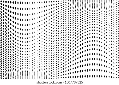 Wave dotted background. Abstract halftone futuristic twisted grunge pattern. Vector illustration black on white