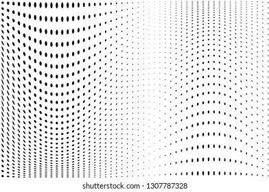 Wave dotted background. Abstract halftone futuristic twisted grunge pattern. Vector illustration black on white