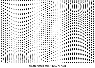 Wave dotted background. Abstract halftone futuristic twisted grunge pattern. Vector illustration black on white