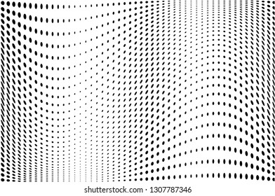 Wave dotted background. Abstract halftone futuristic twisted grunge pattern. Vector illustration black on white