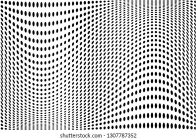Wave dotted background. Abstract halftone futuristic twisted grunge pattern. Vector illustration black on white