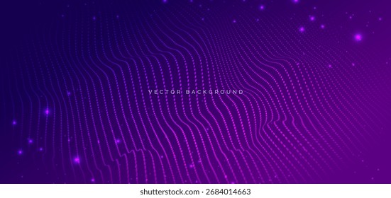 Onda pontilhada azul brilhante e fundo roxo. Ilustração vetorial