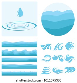 A wave, a drop of water, a set of waves. Texture of water. Flat design vector illustration, vector.