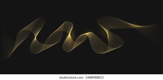 Wave dynamic lines flowing. Golden wavy curves isolated on black background vector illustration