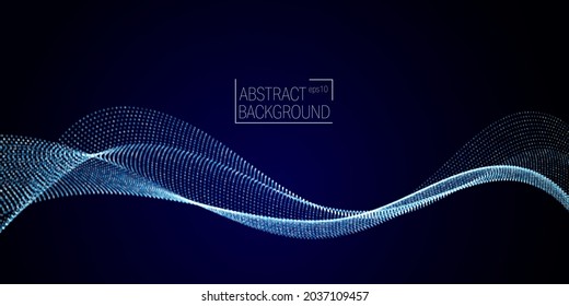 Wave of dynamic particles flows through the dark background . Dotted curves vector abstract background.