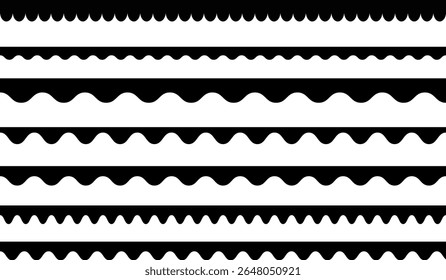 Wave edge seamless stripes for divide and separate. elements seamless frame. Black repeated squiggle stroke pack.  modern brutalism forms
