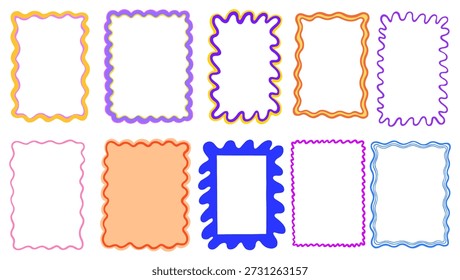 Conjunto de quadros de caixa de texto de borda de onda. Quadros funky desenhados à mão para texto e imagens. Bolhas de fala vazias. Elementos de design abstratos para convites, para histórias de mídias sociais. Formas orgânicas irregulares vetoriais