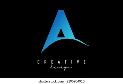 Efecto ondulado letra azul Logotipo A con líneas principales. Carta con diseño geométrico y de ondas.Ilustración vectorial con letras y cortes creativos.
