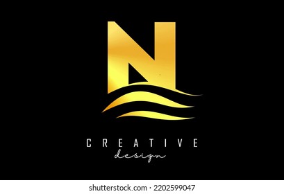 Wave effect golden letter N logo with leading lines. Letter with geometric and waves design.Vector Illustration with letter and creative cuts.