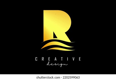 Wave effect golden letter R logo with leading lines. Letter with geometric and waves design.Vector Illustration with letter and creative cuts.