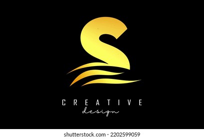 Wave effect golden letter S logo with leading lines. Letter with geometric and waves design.Vector Illustration with letter and creative cuts.