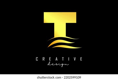 Wave-Effekt goldenes Buchstaben T Logo mit führenden Linien. Buchstabe mit geometrischem Design und Wellendesign.Vektorgrafik mit Buchstaben und kreativen Schnitten.