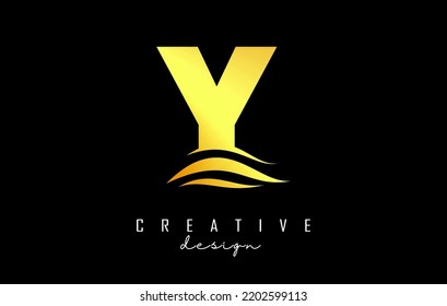Wave effect golden letter Y logo with leading lines. Letter with geometric and waves design.Vector Illustration with letter and creative cuts.