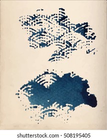 wave element, blue ink print with watercolor paper texture. Vector illustration set