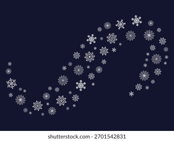 Wave element of snowflakes on navy background. An elegant, flowing divider or border element for Christmas, winter and frosty holiday designs