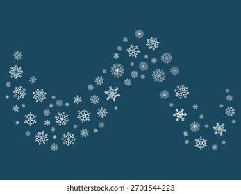 Wave element of snowflakes on navy background. An elegant, flowing divider or border element for Christmas, winter and frosty holiday designs