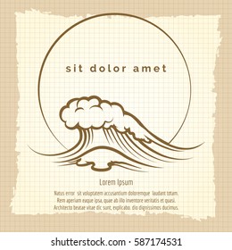 Wave emblem with sun. Vector japanese vintage poster