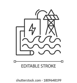Icono lineal de la energía ondulada. Ilustración personalizable de la planta de energía ecológica de línea delgada. Símbolo de contorno. Generación de electricidad. Dibujo de contorno aislado vectorial de estación hidroeléctrica. Trazo editable