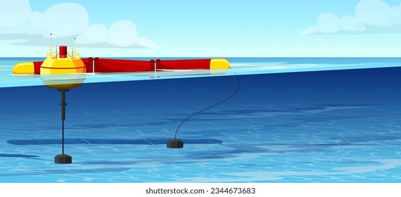Wave energy plant. Alternative eco electric source. Environment nature industry. Renewable power. Water station. Tidal technology. Modern innovation. Clean production. Vector illustration