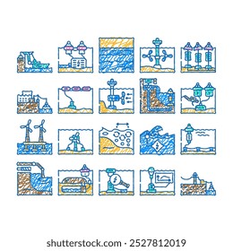 wave energy plant power doodle icons set vector. sketch line art source city, green solar, dam electricity, oil biomass, electric line, wind wave energy plant power color illustrations