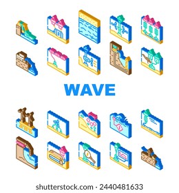 wave energy plant power icons set vector. source city, green solar, dam electricity, oil biomass, electric line, wind wave energy plant power isometric sign illustrations