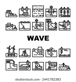 wave energy plant power icons set vector. source city, green solar, dam electricity, oil biomass, electric line, wind wave energy plant power black contour illustrations
