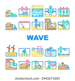 wave energy plant power icons set vector. source city, green solar, dam electricity, oil biomass, electric line, wind wave energy plant power color line illustrations
