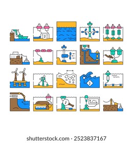 wave energy plant power icons set vector. source city, green solar, dam electricity, oil biomass, electric line, wind wave energy plant power color Contour Illustrations