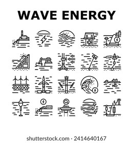 wave energy power tidal icons set vector. sea plant, hydro electric, tide generation, station water turbine, lake electricity wave energy power tidal black contour illustrations