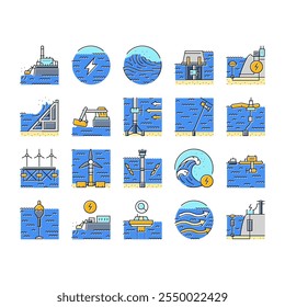 wave energy power tidal icons set vector. sea plant, hydro electric, tide generation, station water turbine, lake electricity wave energy power tidal color line illustrations