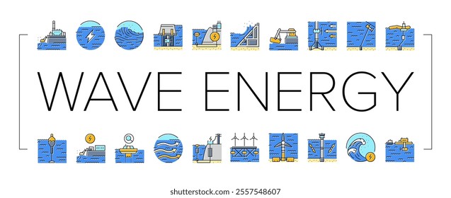 wave energy power tidal icons set vector. sea plant, hydro electric, tide generation, station water turbine, lake electricity wave energy power tidal color line illustrations