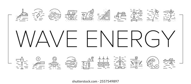 wave energy power tidal icons set vector. sea plant, hydro electric, tide generation, station water turbine, lake electricity wave energy power tidal black contour illustrations