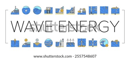 wave energy power tidal icons set vector. sea plant, hydro electric, tide generation, station water turbine, lake electricity wave energy power tidal color line illustrations
