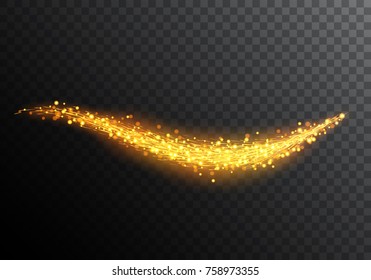 Wave of fiery sparks or gold dust with sparkling glitter particles. 