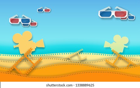 Wave film strip with 3D movie glasses and film projector isolated on colorful background. Closeup view for design layout cinema poster, banner, flyer. Template cinema with space for your text. EPS 10