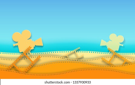 Wave film strip and cinema projector isolated on colorful background. Closeup view for design layout cinema poster, banner, flyer. Template cinema with space for your text. Abstract paper art style