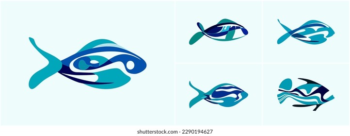 Wave fish creative symbols set. Water splash shape logo template. Seafood restaurant, food shop, store logotype. Blue sea, ocean vector art. Marine design concept icon. Abstract. 3D Illustration