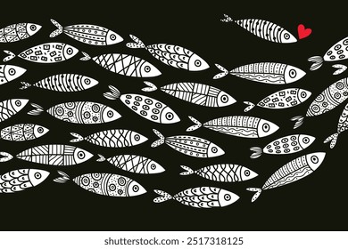 Wave of fish. Cute sardine. Vector sea poster.