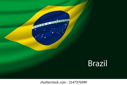 Bandera ondulada de Brasil sobre fondo oscuro. Plantilla vectorial de banner o cinta para el día de la independencia