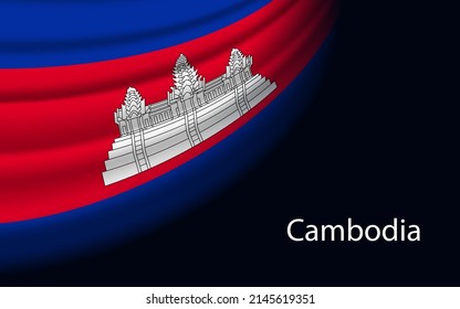 Wave flag of Cambodia on dark background. Banner or ribbon vector template for independence day