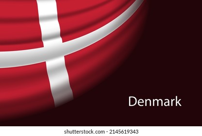 Wave flag of Denmark on dark background. Banner or ribbon vector template for independence day