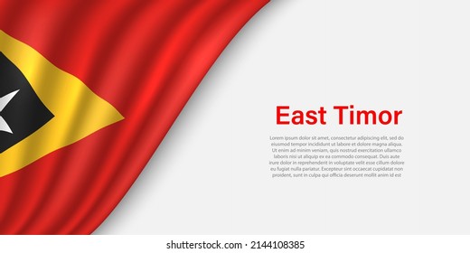 Bandera ondulada de Timor Oriental sobre fondo blanco. Plantilla vectorial de banner o cinta para el día de la independencia