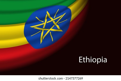 Bandera ondulada de Etiopía sobre fondo oscuro. Plantilla vectorial de banner o cinta para el día de la independencia