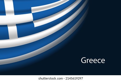 Bandera ondulada de Grecia sobre fondo oscuro. Plantilla vectorial de banner o cinta para el día de la independencia